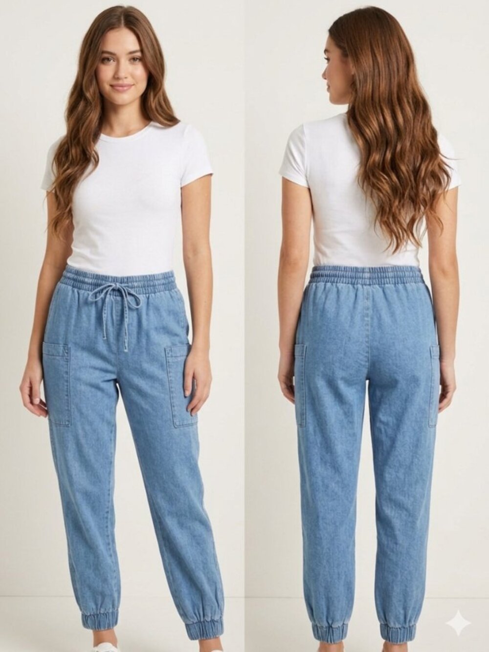 Indigo Rein Women's Denim Joggers Large Blue Elastic Waist Drawstring Cargo Pock